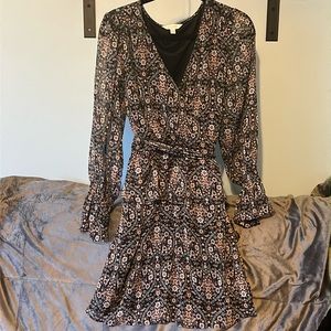 LC Lauren Conrad Peplum Hem Faux-Wrap Dress Black Floral - Size Large